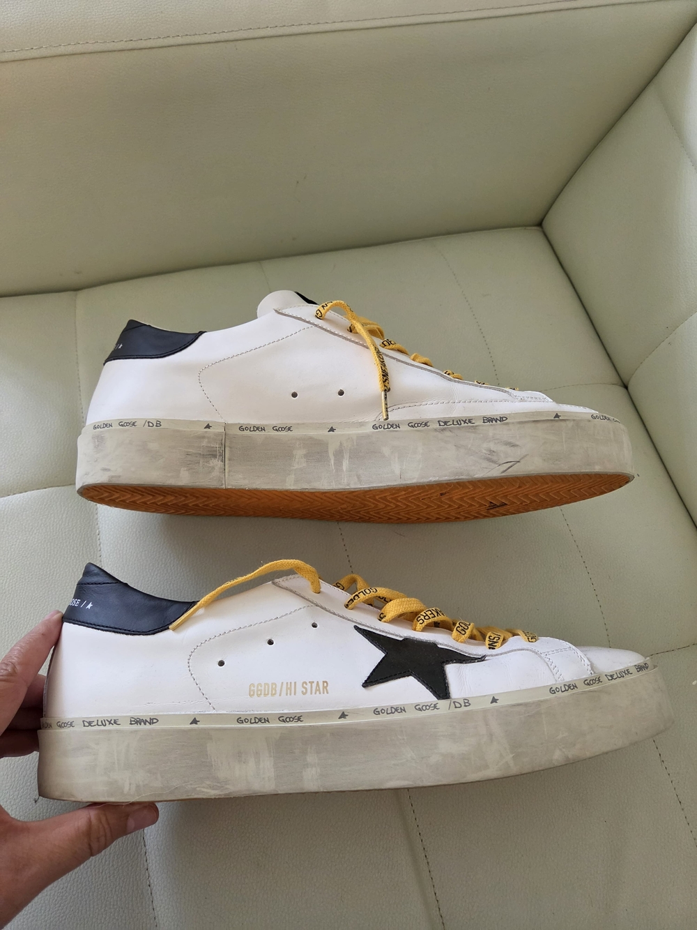 Golden Goose White Leather Sneakers with Black Tongue Label and Yellow Laces - Picture 6 of 6